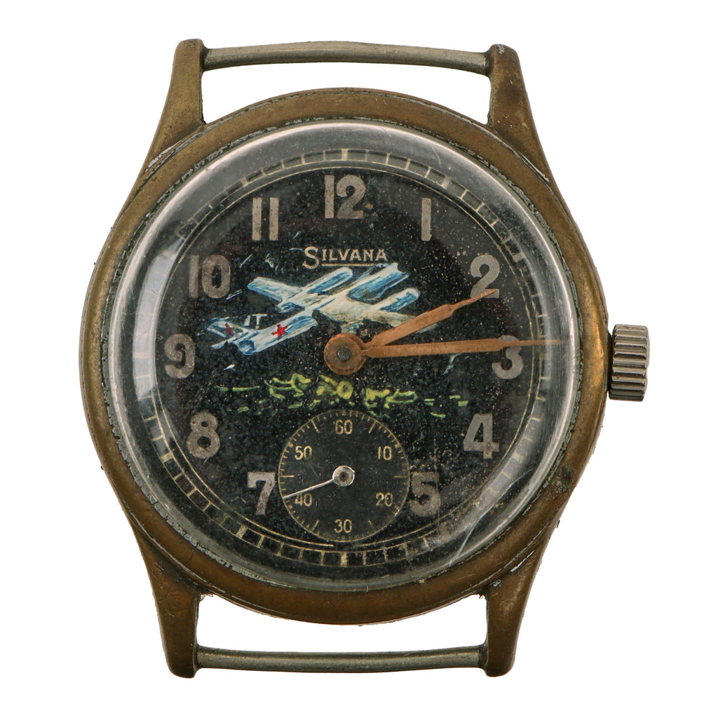 Original German WWII Wehrmacht D-H Wrist Watch by Silvana with Soviet Airplane Hand-Painted on Face - Functional - Missing Strap Original Items