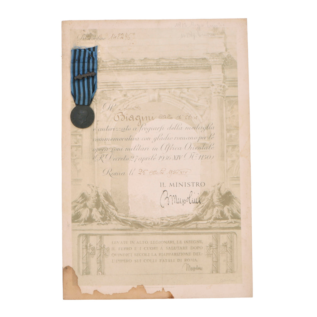 Original Italian Pre-WWII 1936 East Africa Campaign Medal with Roman Gladius and Named Award Certificate Bearing Mussolini Signature Original Items