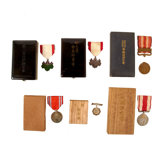 Original Japanese WWII Lot of Six Medals in Original Boxes - 1931-1934 Manchurian Incident Medal, Emperor Taisho Enthronement Medal, Order of the Rising Sun 7th & 8th Classes, Red Cross Medal, and Patriotic Women’s Association Member Badge Original Items
