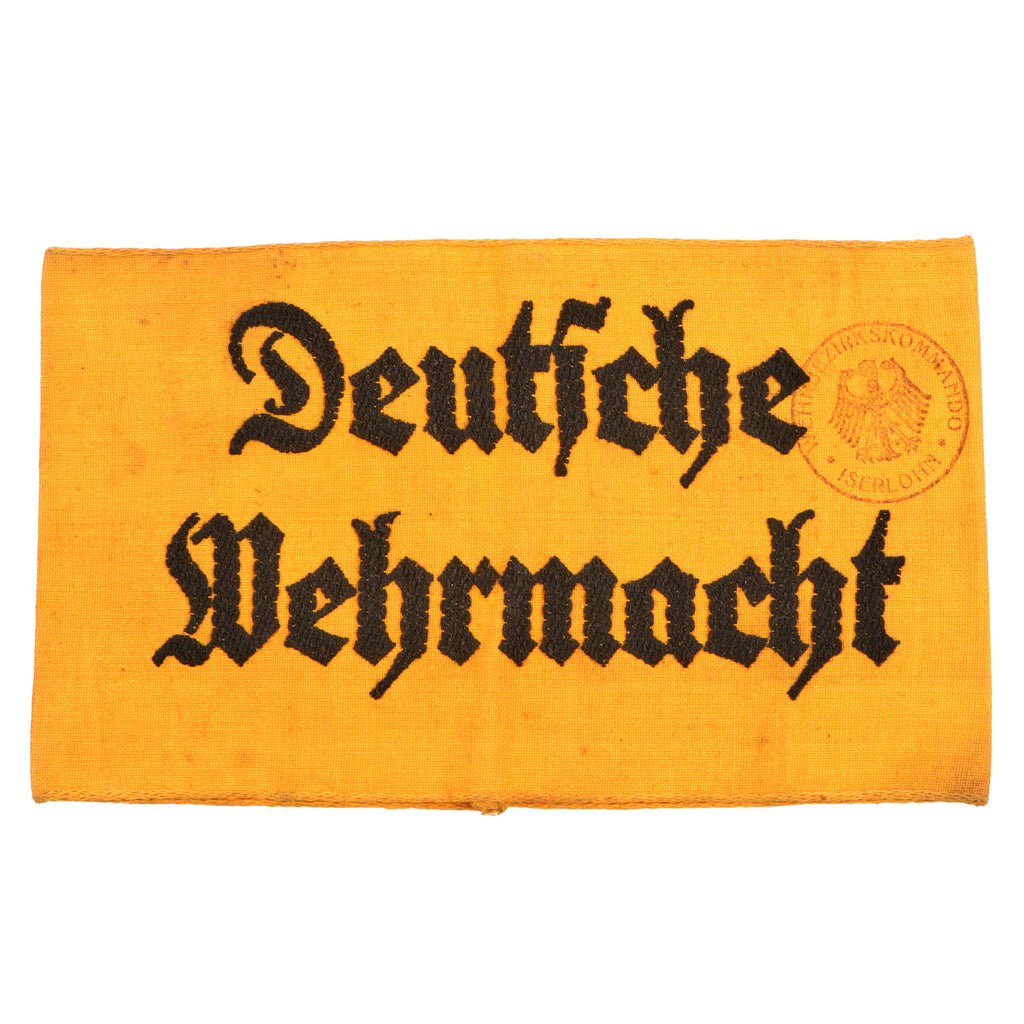 Original German WWII Deutsche Wehrmacht Machine Embroidered Armband with Military District Iserlohn Stamp Original Items
