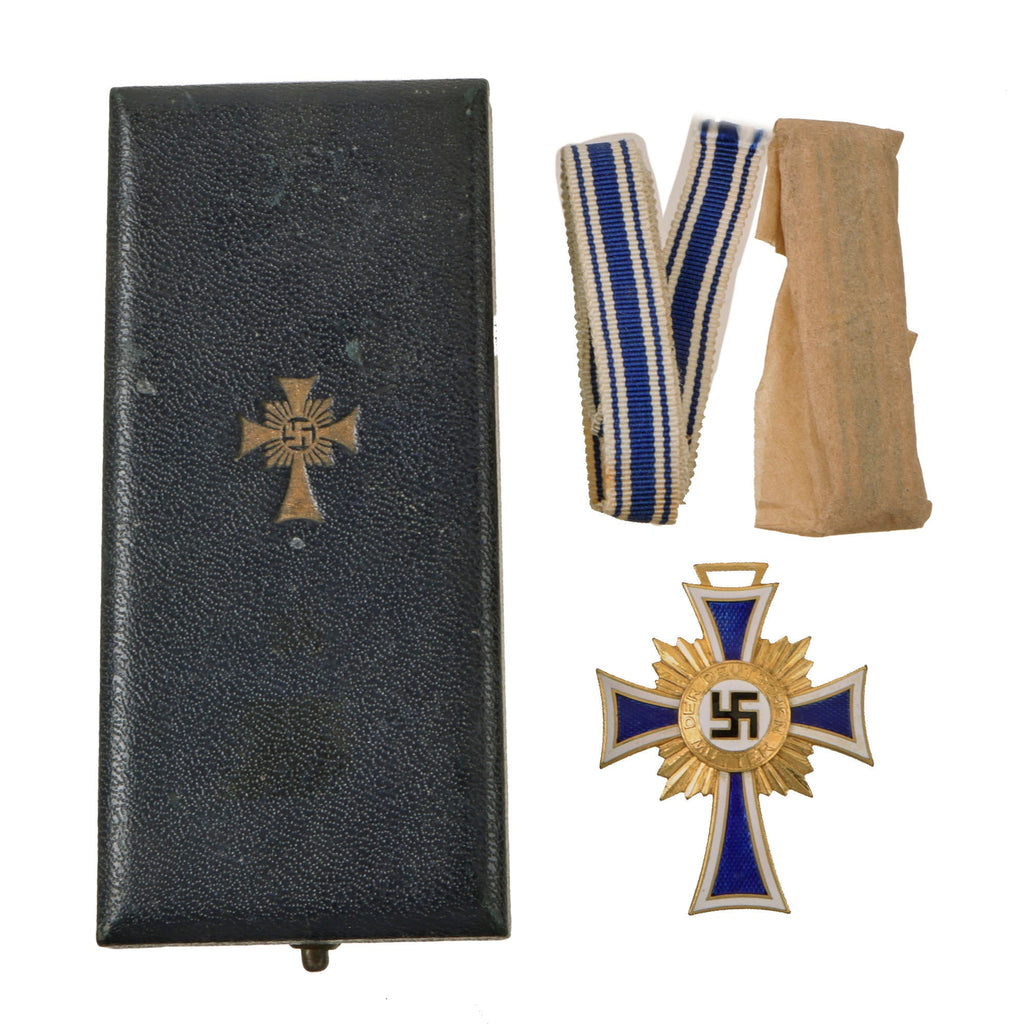 Original German WWII Cased Gold Mother’s Cross by Wilhelm Deumer KG of Lüdenscheid with Two Ribbons Original Items