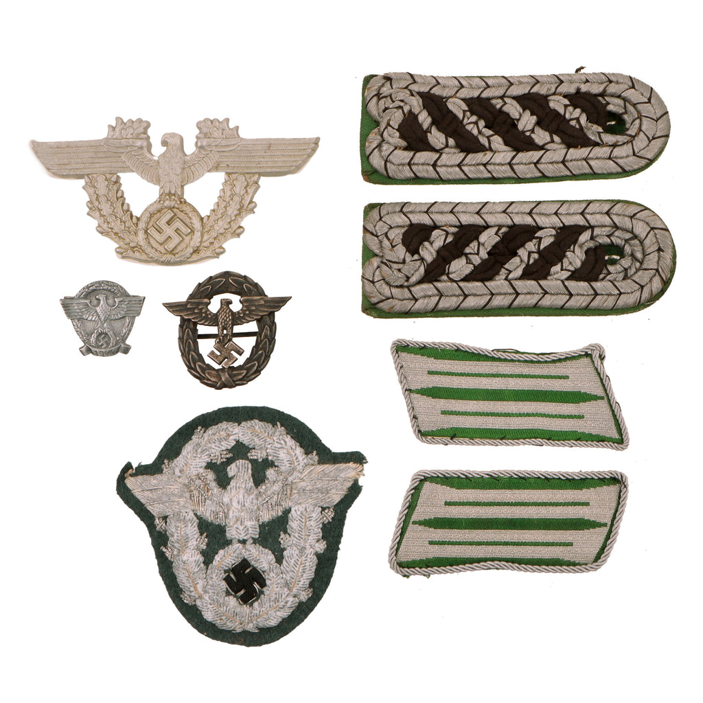 Original German WWII Police Metal and Cloth Insignia Grouping with Shoulder Boards, Collar Tabs, Police Arm Patch, and More - 8 Items