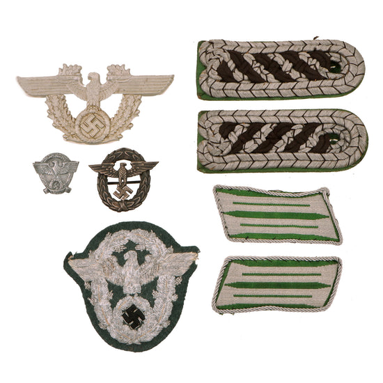 Original German WWII Police Metal and Cloth Insignia Grouping with Shoulder Boards, Collar Tabs, Police Arm Patch, and More - 8 Items