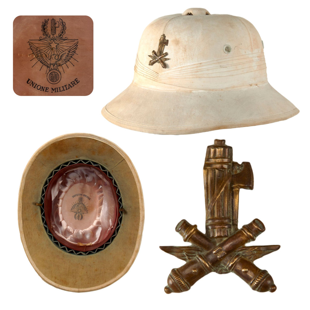 Original Italian WWII Africa Anti-Aircraft Artillery Officer’s White-Painted Pith Helmet by Unione Militare - Size 58 Original Items