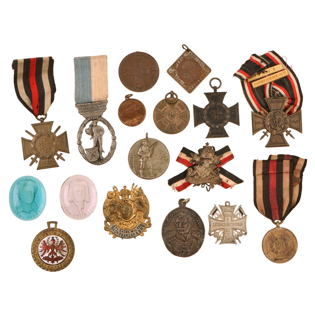 Original Imperial German WWI Medal & Pin Lot with Rare Flanders Cross with Campaign Bars - 17 Pieces Total Original Items