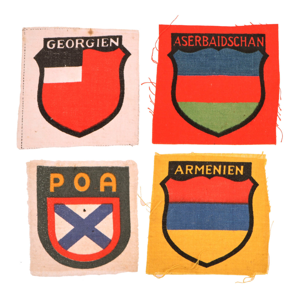 Original German WWII Foreign Volunteers Ostlegionen Sleeve Insignia Lot featuring ROA, Georgian, Azerbaijan, and Armenian Patches -4 Items Original Items