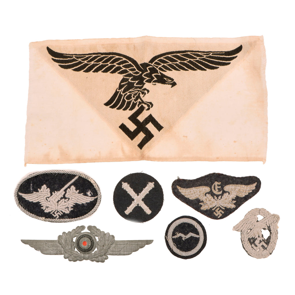 Original German WWII Luftwaffe Air Force Fabric and Metal Insignia Grouping - 7 Items Original Items
