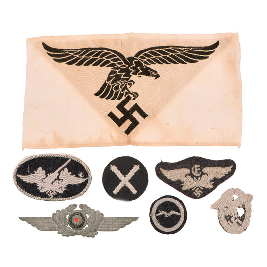Original German WWII Luftwaffe Air Force Fabric and Metal Insignia Grouping - 7 Items Original Items