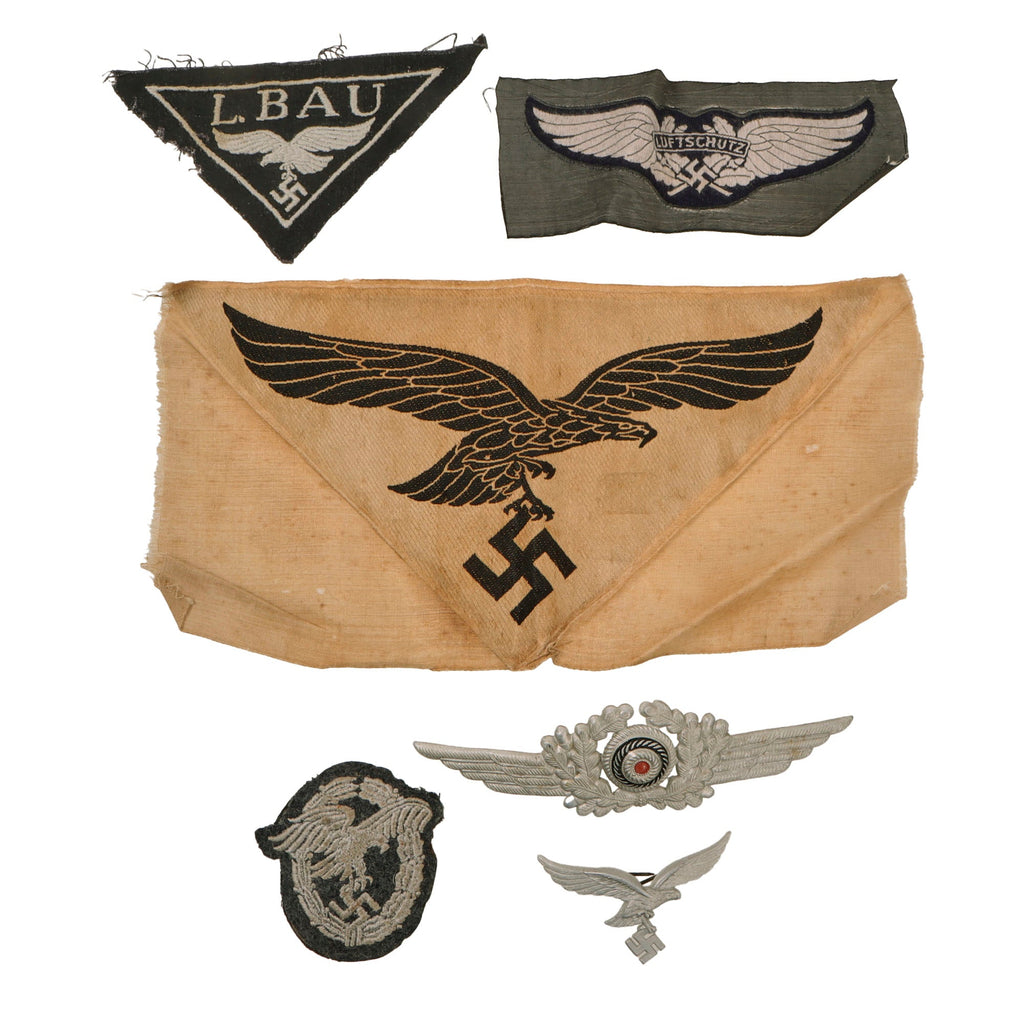 Original German WWII Luftwaffe Air Force Fabric and Metal Insignia Grouping - 7 Items Original Items