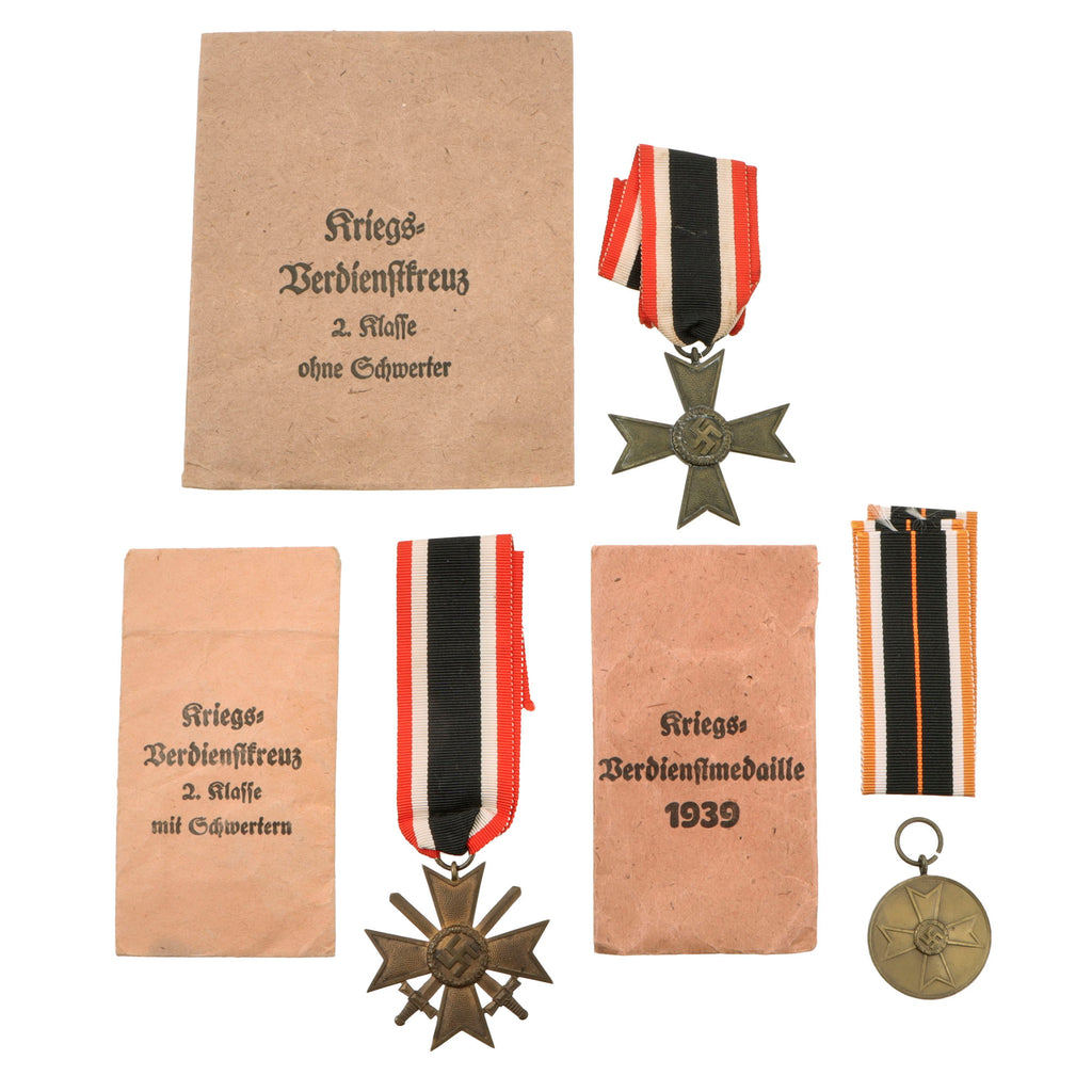 Original German WWII War Merit Cross 2nd Class with & without Swords and War Merit Medal with Presentation Envelopes - Lot of 3