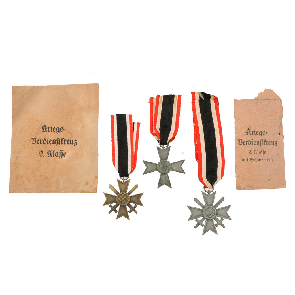 Original German WWII War Merit Cross 2nd Class Lot of 3 with & without Swords, Maker Marked 10, 60 & 65 with Award Envelopes