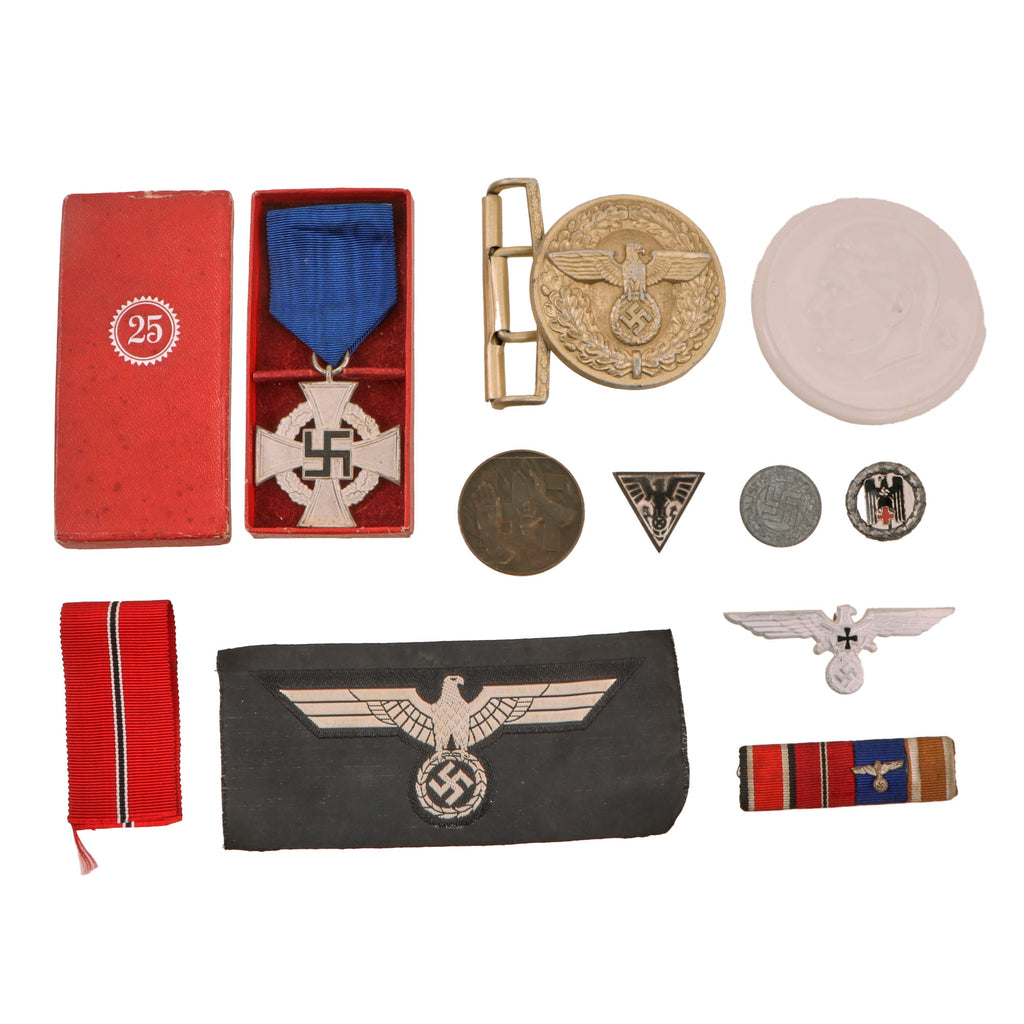 Original German WWII Award, Insignia, and Belt Buckle Grouping with Long Civil Service Award, Political Leader Buckle, and More - 11 Items
