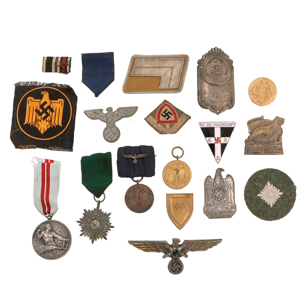 Original German WWII Award, Insignia, and Tinnie Grouping with Two Wehrmacht Long Service Medals, 1935 Saar Referendum Medal, and More - 17 Items Original Items