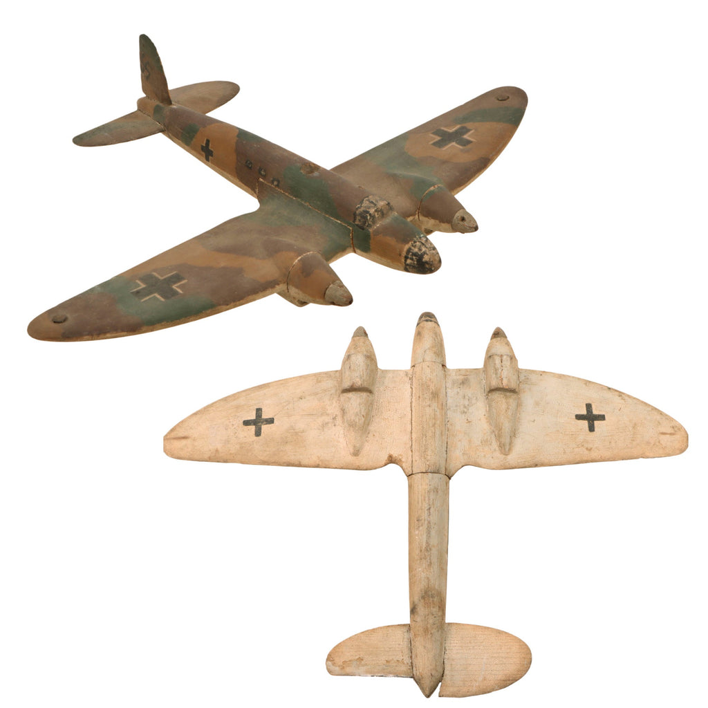 Original German WWII Homemade Wooden Toy Bomber Model with Camouflage Paint - Damaged & Repaired - Likely Heinkel HE 111 Original Items