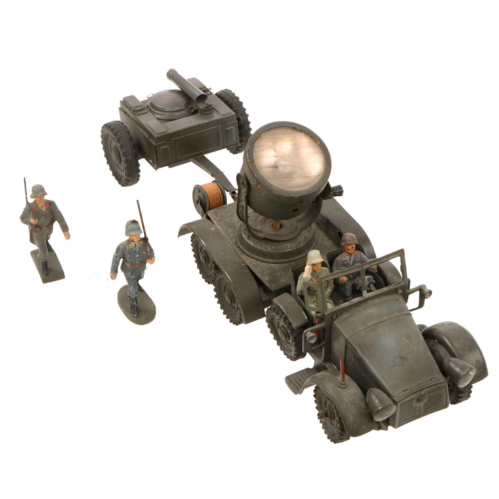 Original German Pre-WWII O&M Haußer Tinplate Litho Horsch Searchlight Truck Lot with Gulashkanone and Lineol & Elastolin Toy Soldiers Original Items