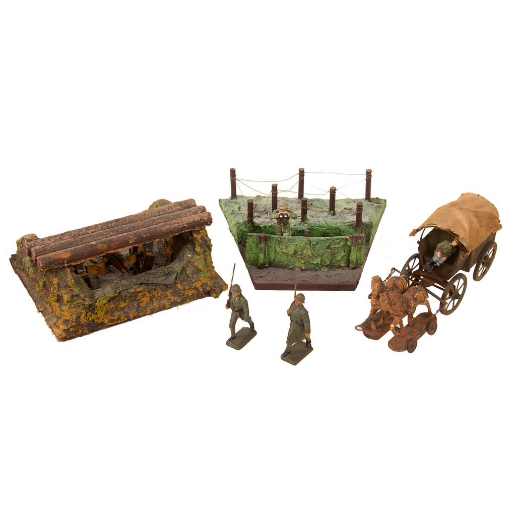 Original German WWII Haußer - Elastolin Modular Wooden Trench Section, Artillery Emplacement with Tin Litho Cannon, and Horse-Drawn Wagon with (4) 70mm Composition Soldiers Original Items