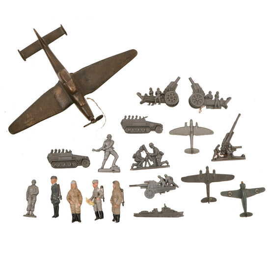 Original German WWII Era Toy Lot with Brass Stuka Plane, Ceramic Soldier Pins, and Early Plastic Toys