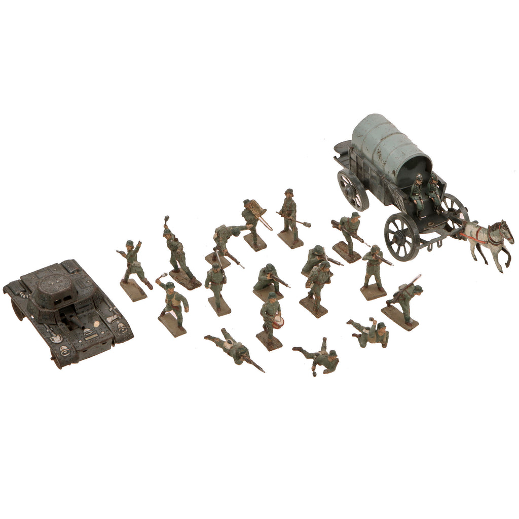 Original German WWII Era Lineol Rare Small Scale Toy Soldiers with Horse-Drawn Wagon & GAMA Tank - 19 Items Total