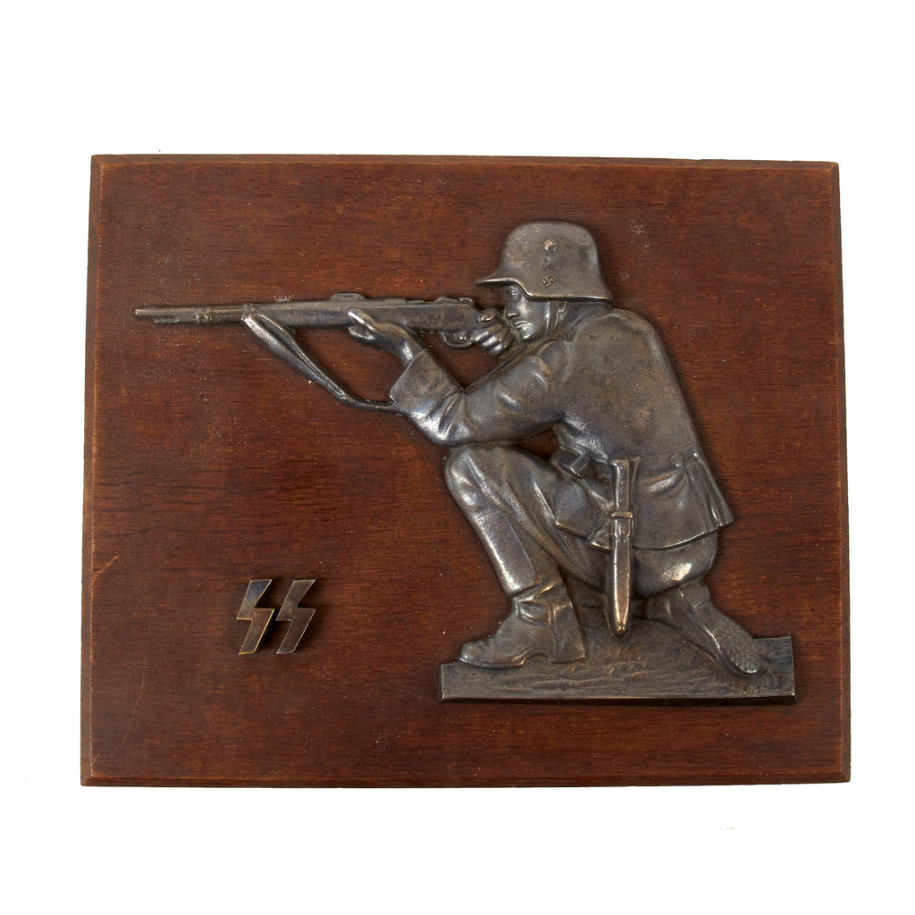 Original German WWII Waffen SS Wall Plaque Showing Soldier and Runes on Wooden Backing - 9 1/2" x 7 3/4" Original Items