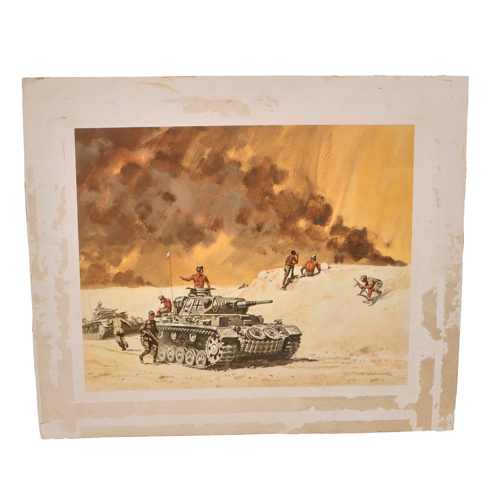 Original German WWII Roy Grinnell North African Campaign Oil Painting Depicting German Tank Reconnaissance in the Desert - 22 ¾ x 26 ⅞” - C. 1960s Original Items