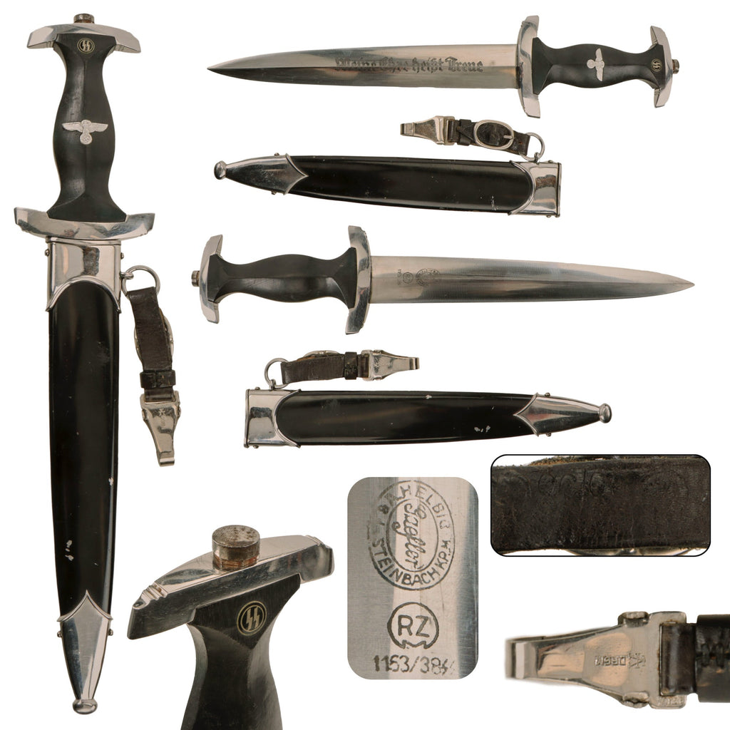 Original German WWII Transitional M33 SS Dagger by F. & A. Helbig with Scabbard and SS-Marked Hanger - RZM 1153/38SS Original Items
