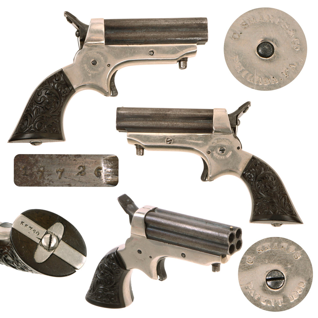 Original U.S. Sharps Model 1A .22 Rimfire 4 Barrel Pepperbox Pistol with Fully Intact Nickel Plating and Ornate Gutta Percha Grips - Serial 55760 Original Items