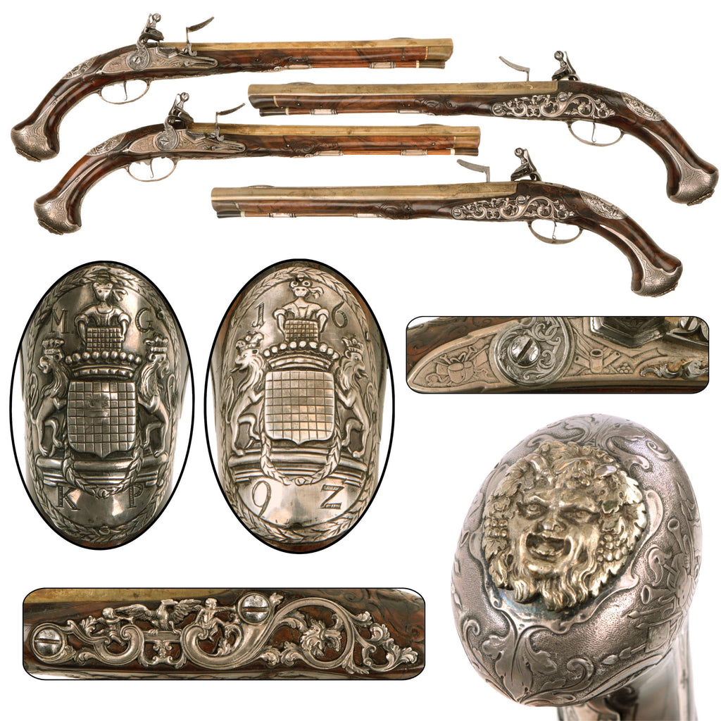 Original 18th Century Silesian Gurovski Family Marked Matched Pair of 22 Bore Flintlock Holster Pistols with Silver Locks and Mountings - Circa 1730 Original Items