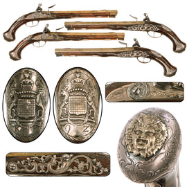 Original 1730s Silesian Polish Prussian Noble Gurowski Family Matched Pair of 22-Bore Flintlock Holster Pistols with Silver Mounts and Brass Barrels