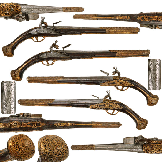 Original Early 19th Century Matched Pair of Ottoman Flintlock Holster Pistols with Gilt Embossed and Engraved Nickel Alloy Fittings - Circa 1800