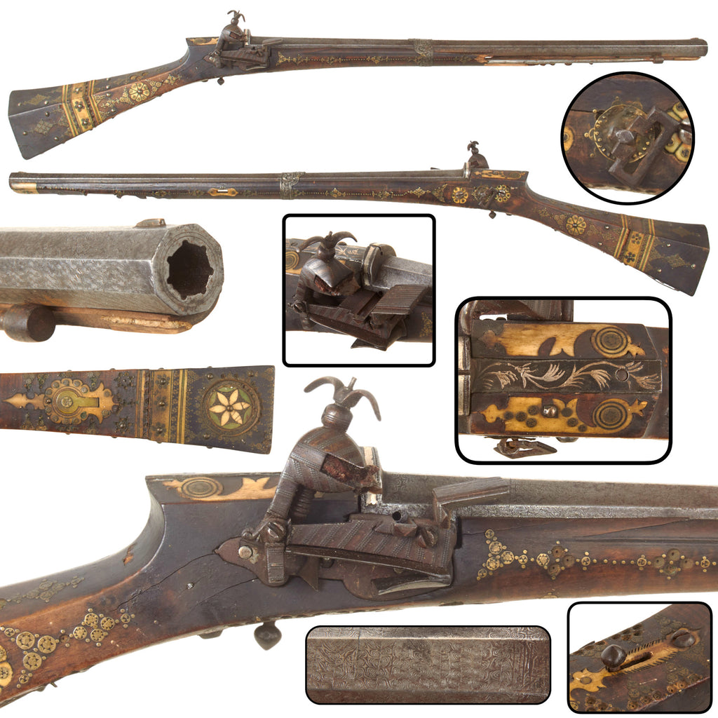 Original Ottoman Empire Miquelet Lock Rifled Shishana Carbine with Damaged Brass and Bone Inlaid Stock, Faux Damascus Barrel, and Ball Trigger, circa 1800