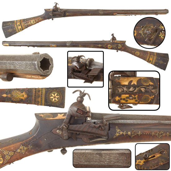 Original Ottoman Empire Miquelet Lock Rifled Shishana Carbine with Damaged Brass and Bone Inlaid Stock, Faux Damascus Barrel, and Ball Trigger, circa 1800 Original Items