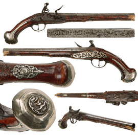 Original 18th Century Italian Silver-Mounted Flintlock Pistol with Carved Flamed Stock, Grotesque Mask Butt Cap, and Perforated Side Plate - Circa 1780
