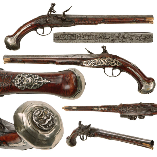 Original 18th Century Italian Silver-Mounted Flintlock Pistol with Carved Flamed Stock, Grotesque Mask Butt Cap, and Perforated Side Plate - Circa 1780