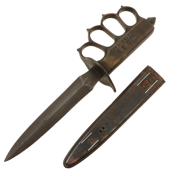 Original U.S. WWI Model 1918 Mark I Trench Knife by L. F. & C. with Matching Steel Scabbard - Missing Prongs Original Items
