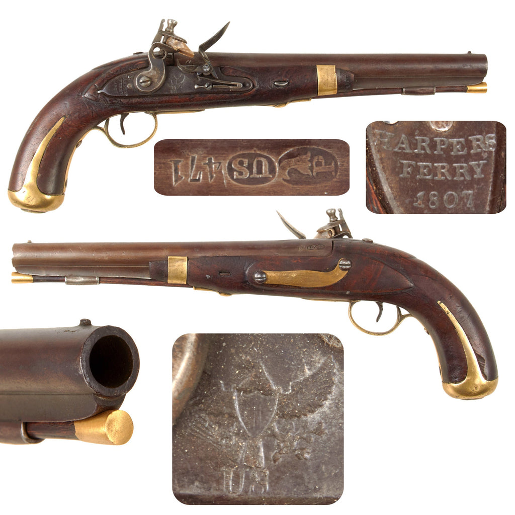 Original U.S. War of 1812 Rare Harpers Ferry Model 1807 Flintlock Pistol No. 471 with Period Replaced Stock - dated 1807 Original Items
