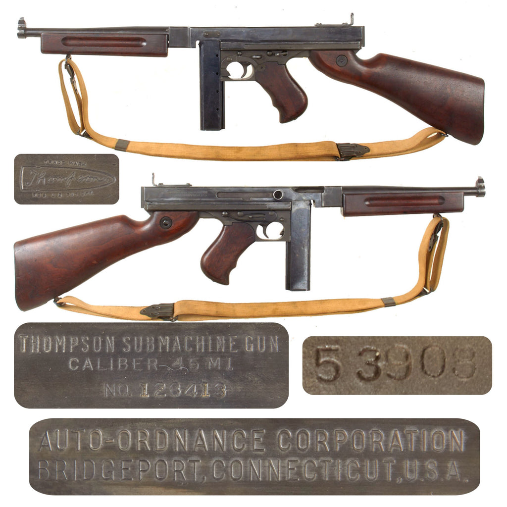 Original U.S. WWII Thompson M1 Display Submachine Gun Serial NO. 128413 with Original Kerr Sling and Magazine - Original WWII Parts Original Items
