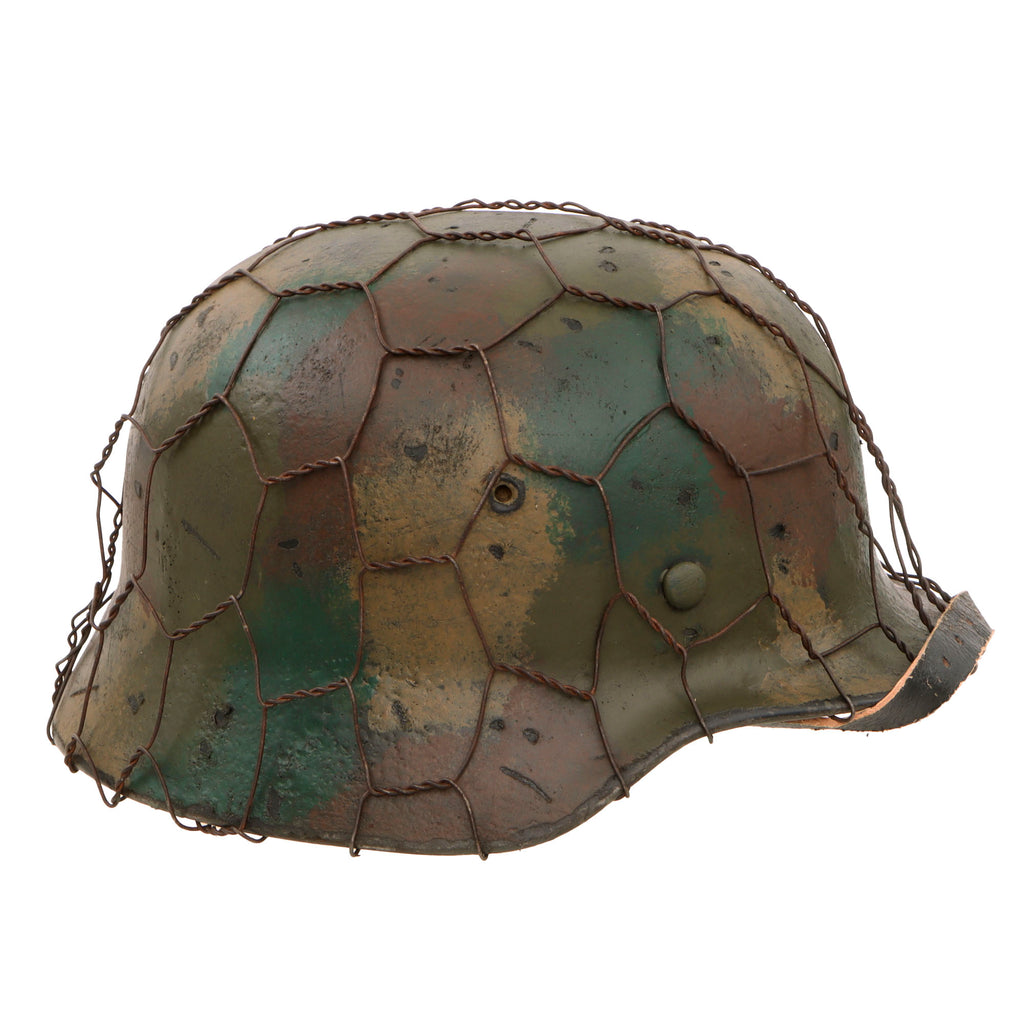 Original German WWII M40 Refurbished Normandy Hedgerow Camouflage Chicken Wire SS Helmet - Stamped EF66 Original Items