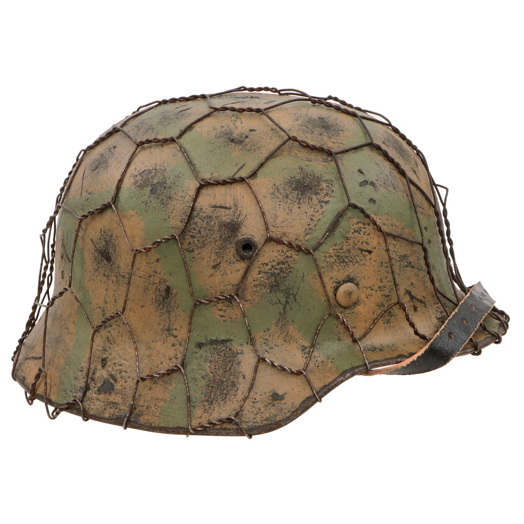 Original German WWII M40 Refurbished SS Southern Russian Front Chicken Wire Camouflage Helmet - Stamped EF64 Original Items