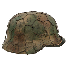 Original German WWII M40 Refurbished Battle of Saint-Lô Textured Camouflage Chicken Wire SS Helmet - Stamped EF66