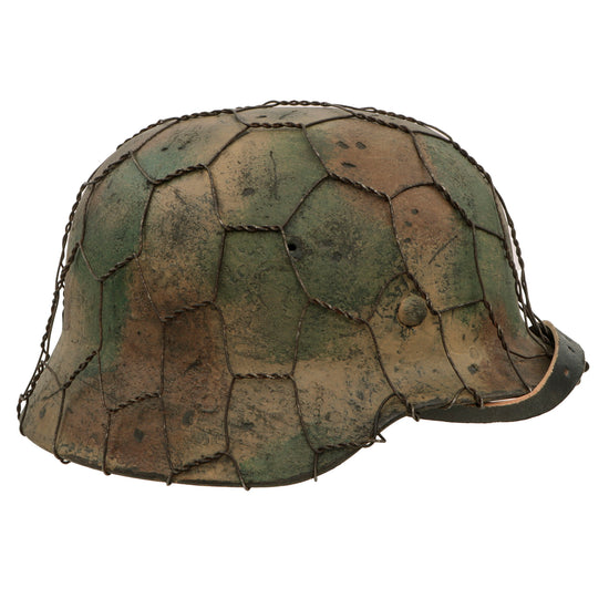 Original German WWII M40 Refurbished Battle of Saint-Lô Textured Camouflage Chicken Wire SS Helmet - Stamped EF66