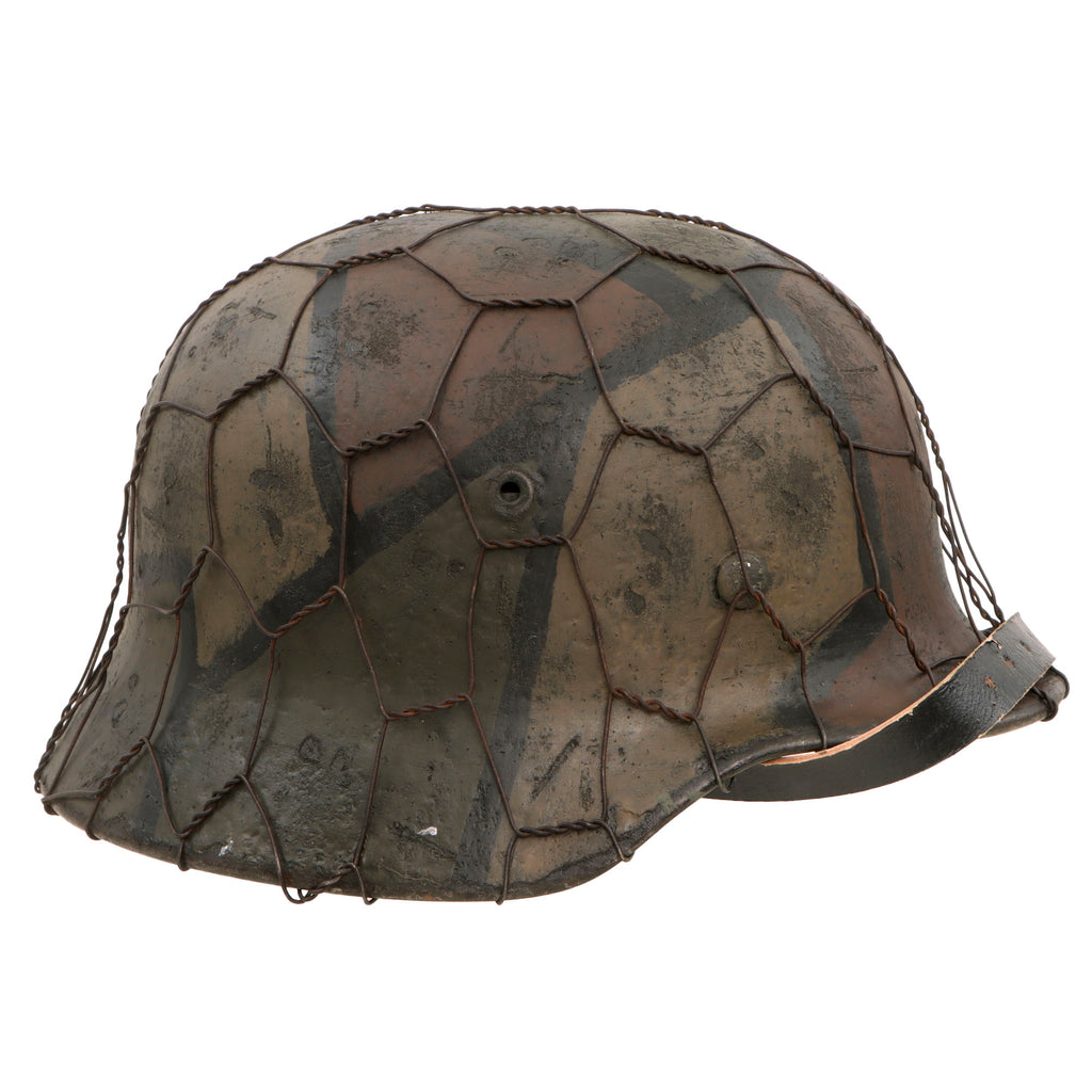 Original German WWII M40 Refurbished WWI Veteran Panel Style Camouflage Chicken Wire Helmet - Stamped EF64