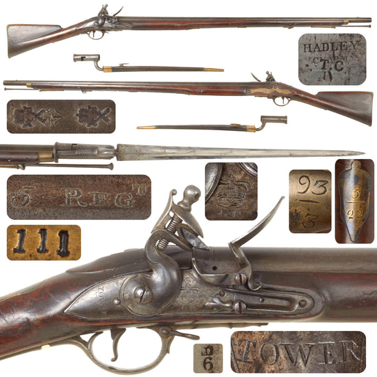 Original Revolutionary War British Short Land Pattern Tower Brown Bess Flintlock Musket Marked to the 5th Regiment of Foot with Socket Bayonet and Scabbard Original Items