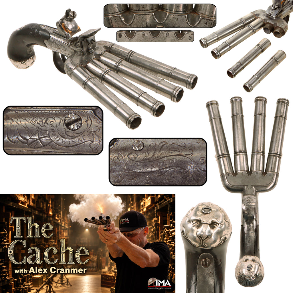 Original Late 18th Century English Proofed Four Barrel Duck’s Foot Flintlock Volley Pistol by Goodwin & Co. London - Featured in The Cache with Alex Cranmer
