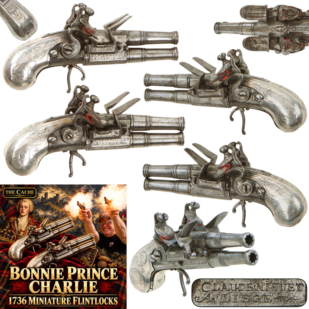 Original 1736 Miniature Silver Mounted Over Under Flintlock Pocket Pistols by Claude Niquet à Liège - Same Style Used by Bonnie Prince Charlie - Featured on The Cache with Alex Cranmer