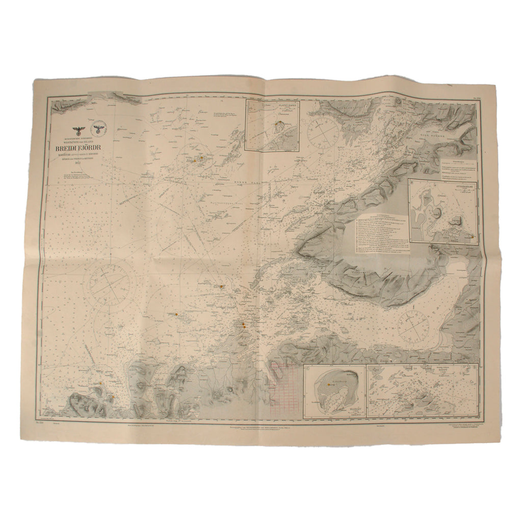 Original German WWII 1944 Kriegsmarine Kiel Breiðafjörður Iceland Nautical Chart & Annotated English Channel Ship Sinking Map - Lot of 2 - [59” x 39 9/16”] & [56 5/16” x 39 3/8”]