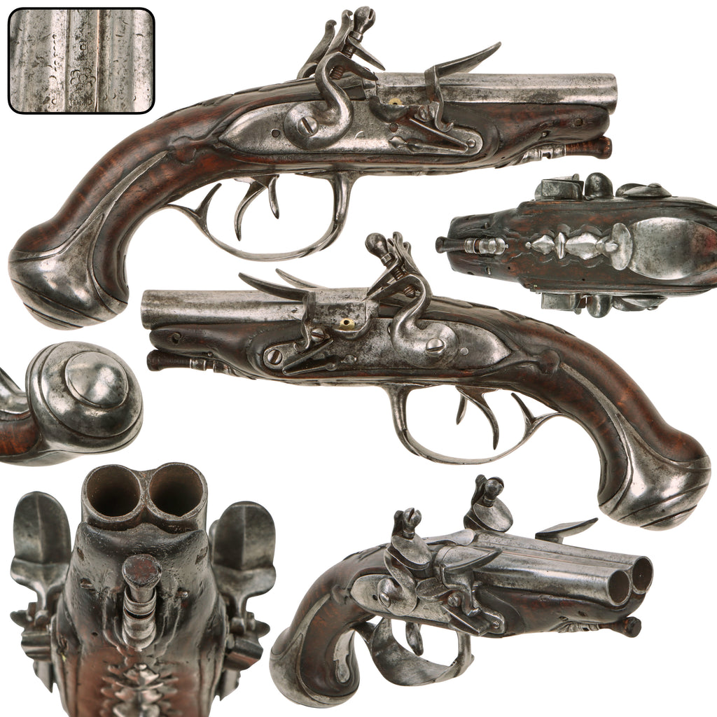 Original Early 18th Century French Style Iron Mounted Double Barreled Flintlock Pocket Pistol with Figured Walnut Stock, Circa 1690-1710