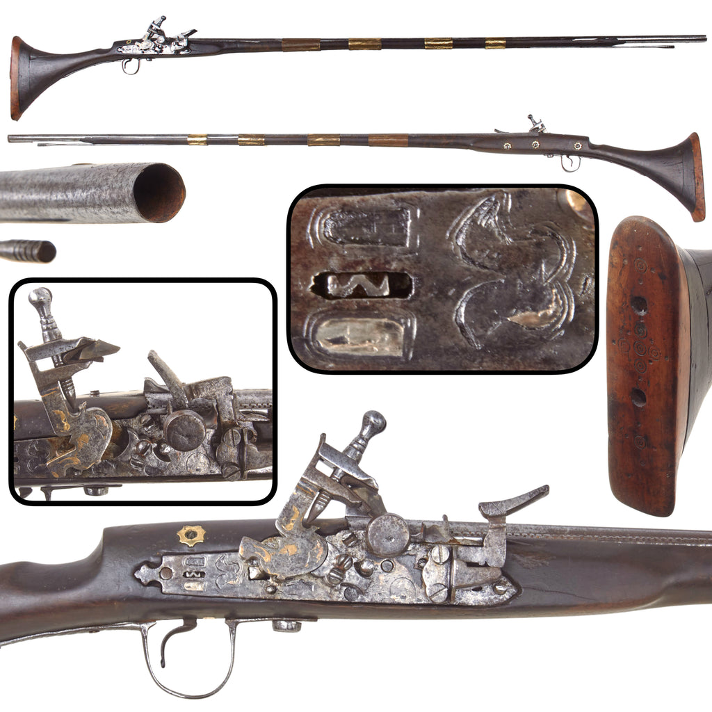 Original Early 19th Century Moroccan Moukahla .65 Caliber Snaphaunce Long Gun with Engraved and Silver Inlaid 52" Barrel and Brass Bands