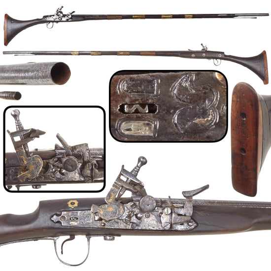 Original Early 19th Century Moroccan Moukahla .65 Caliber Snaphaunce Long Gun with Engraved and Silver Inlaid 52" Barrel and Brass Bands