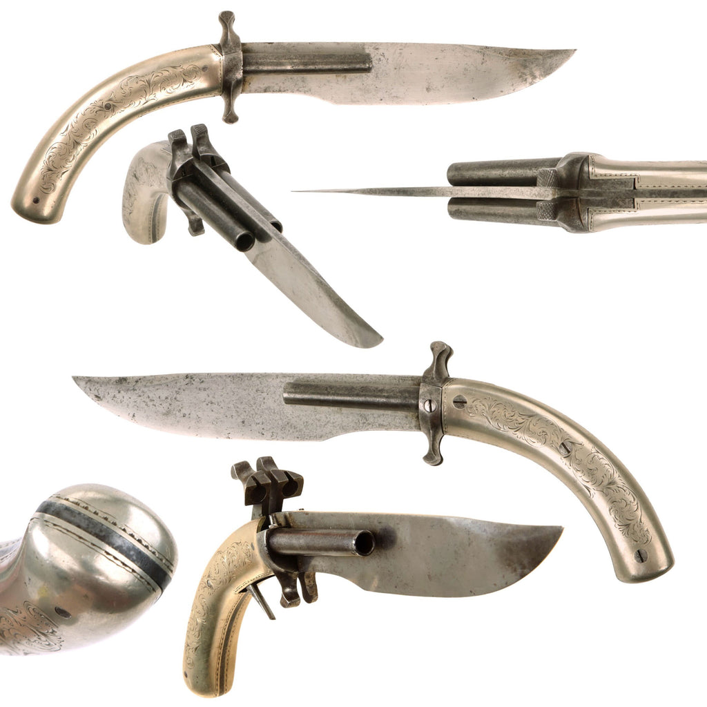 Original 19th Century French Dumouthier Style Double Barrel Percussion "Bowie" Knife Pistol with Engraved German Silver Grip - Circa 1850 Original Items