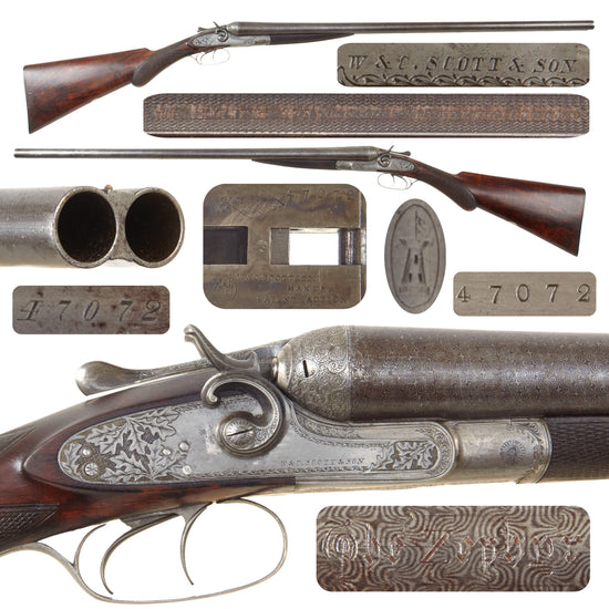 Original British 12 Bore Double Damascus Barrel Hammer Shotgun by W. & C. Scott & Son with Figured Walnut Stock Serial 47072 - Circa 1890 Original Items